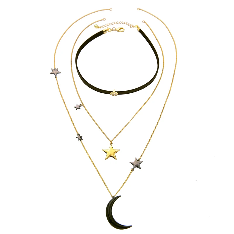 KISS-ME-New-Popular-Choker-Necklace-Three-Layers-Alloy-Stars-Moon-Necklaces-for-Women-Fashion-Jewelry (3)