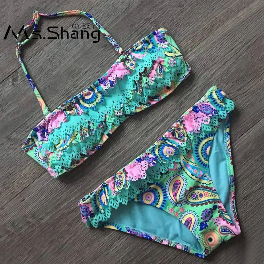 7-14 Years Print Baby Girl Bikini Children Two Piece Swimsuit Kids Infant Girl Swim Wear Hollow Out Toddler Girl Bathing Suits