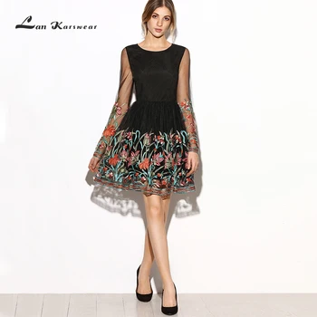 

Fashion Summer Autumn Designer Runway Dress Women Elegant Mesh Flower Embroidery Vintage Short Party Dresses Vestido Female