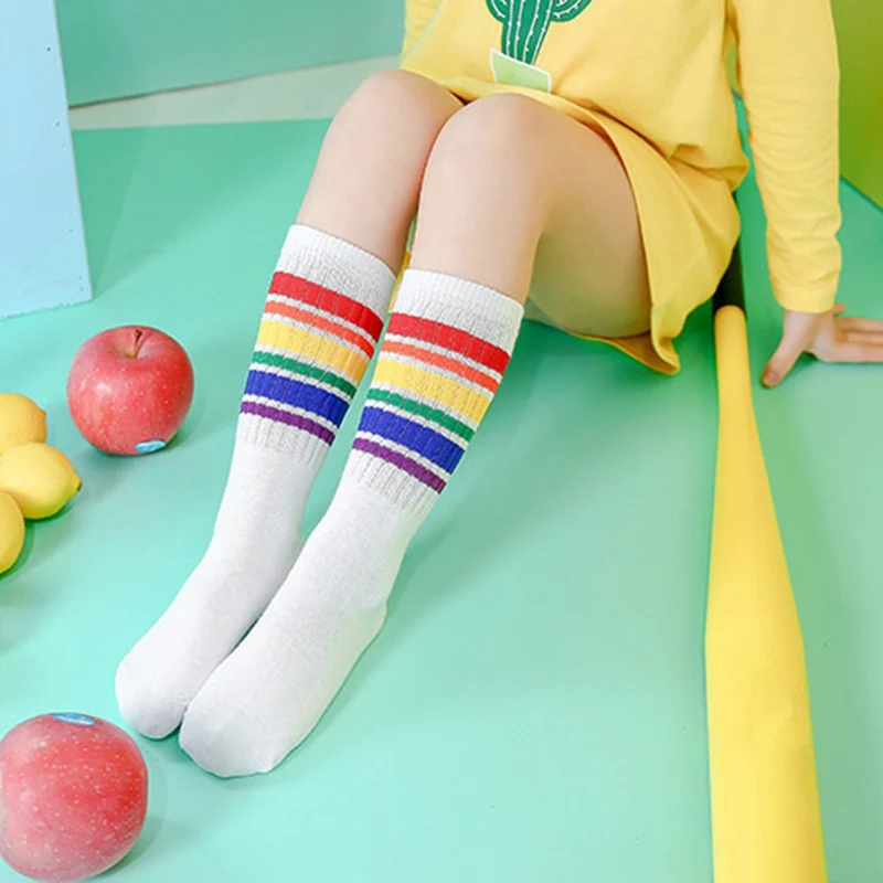 Ребенок мальчик Футбол носки в полоску Цветной Радуга гетры хлопковые школьные белый длинный носок для детей девочек для маленьких