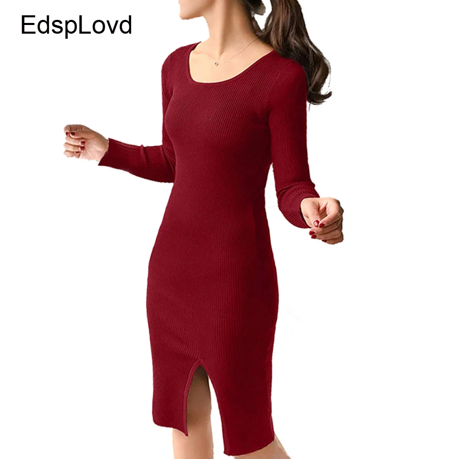 

EdsPlovd Women's New Autumn Winter Spit Hem Knitted Pencil Dress Long Sleeve 0-neck Bodycon Dress AS193
