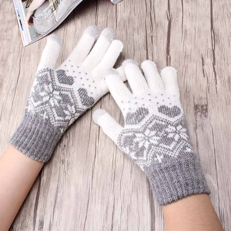 

Stretch Snow Knitted Gloves For Womens Men Heart Snowflake Mittens Use Smartphone Screen Gloves Wool-Knit Warmer Chirstmas Luvas