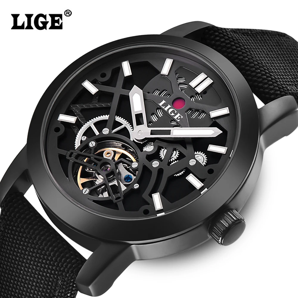 

LIGE Brand Men's watches Automatic Mechanical Watch Men sport Military Wrist watches Man Nylon Leather strap Black Clock Relojes