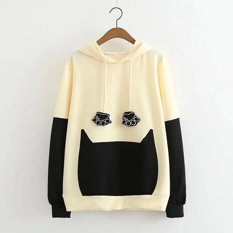 

Cat Ear Kawaii Drawstring Hooded Sweatshirt Women Patchwork Long Sleeve Tracksuit Outwear 2018 New Back Bowtie Harajuku Hoodies