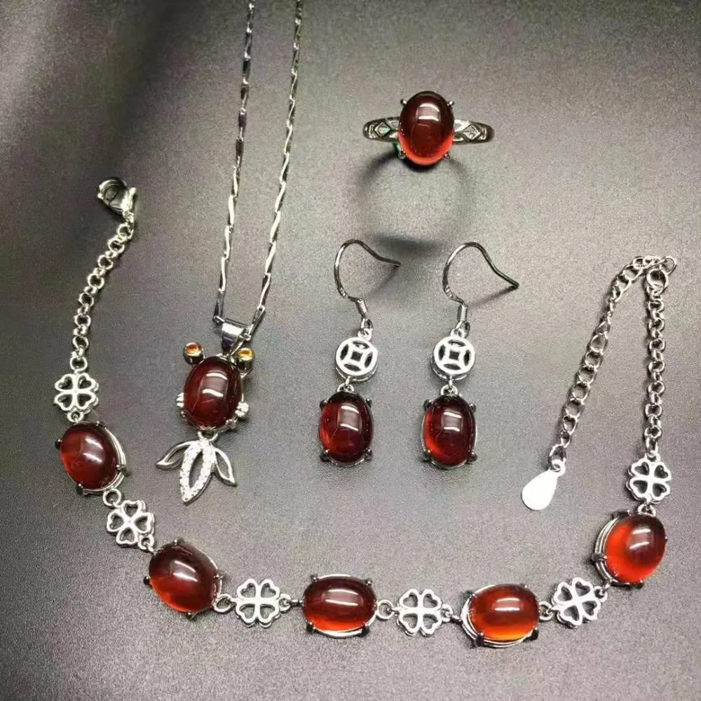

Garnet four-piece set earrings bracelet ring pendant send girlfriend s925 inlay