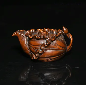 

christmas China Boxwood Wood Carved Lotus Shape Teapot Winepot model Adorn Statue Figurine halloween