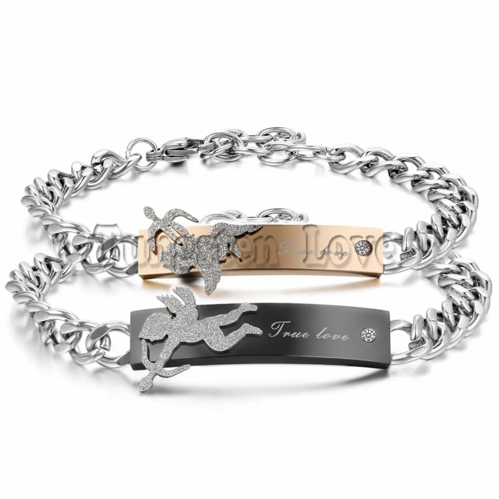 

Fashion Romantic "True love" Cupid Couple Bracelets Crystal Stainless Steel Promise Bracelet For Men Women Valentine's Day Gift