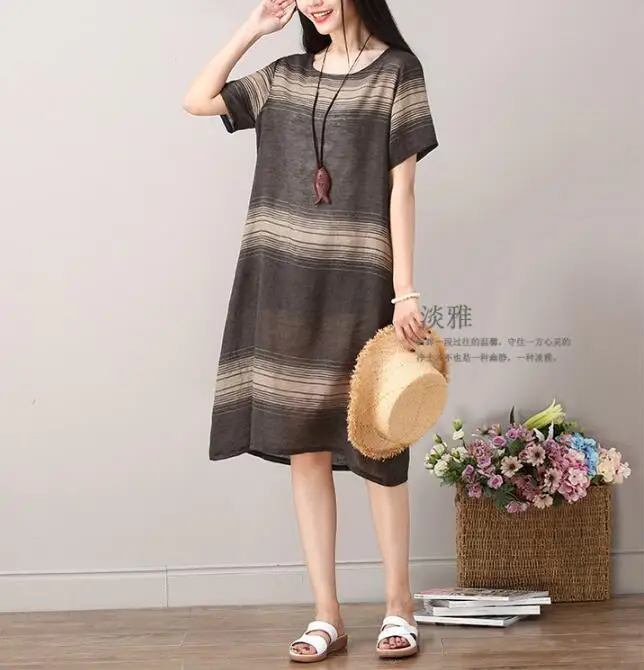 

2019 New Women dresses Korean Casual Loose Cotton Linen Summer Dress Short Sleeve Print Striped Vintage Dress