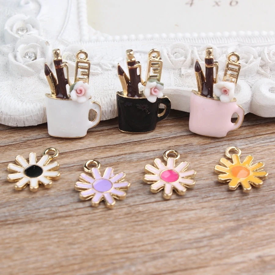 Wholesale Price Enamel Make Up Cup Sunflower Jewelry Charms 20PCS Gold