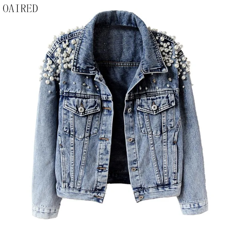  2020 New Spring And Autumn Beaded Denim Jacket Women Clothing Short Loose Denim Jacket Female Outer