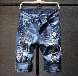 Летние Стильные мужские синие шорты джинсы мужские джинсы с вышивкой известный бренд тонкий хлопок прямые джинсовые брюки джинсовые шорты