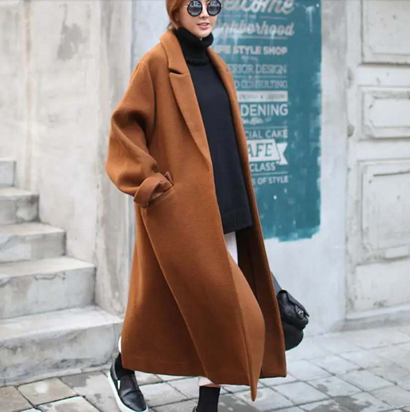Осенне-зимнее женское Шерстяное Пальто, Куртки, новые большие размеры, Длинные свободные модные зимние шерстяные пальто с отворотом - Цвет: dark camel