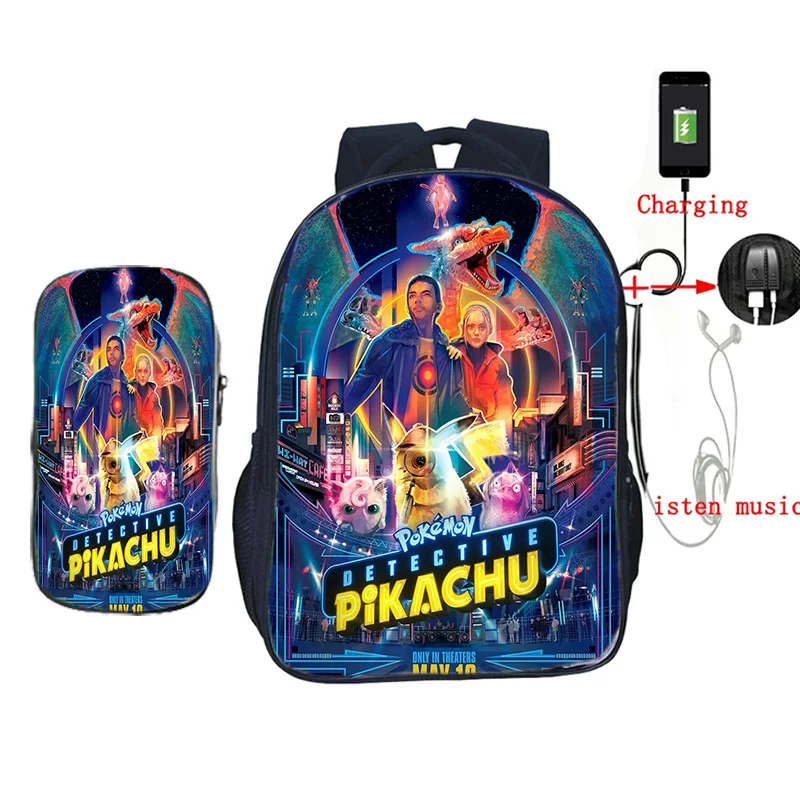 Рюкзак Pokemon Detective Pikachu с USB зарядкой, школьные рюкзаки для подростков, мальчиков и девочек, Mochila, детский дорожный рюкзак с пеналом - Цвет: 2