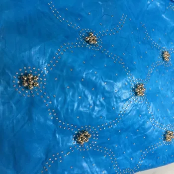 

France Bazin Riche Getzner Fabric African Bazin Riche Lace Fabric Fashionable blue gold Bazin Riche Getzner beads stones Blouse