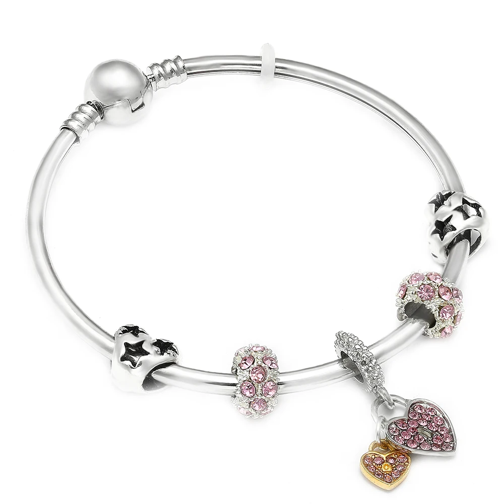 Purple Crystal Love Heart Charms Bangle & Bracelet with Love Star Beads ...