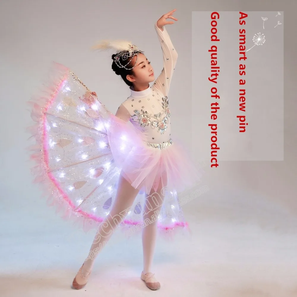 Светодиодный сверкающие с подсветкой Павлин танцевальный костюм детская одежда костюм китайский стиль представление в детском саду одежда вечернее платье