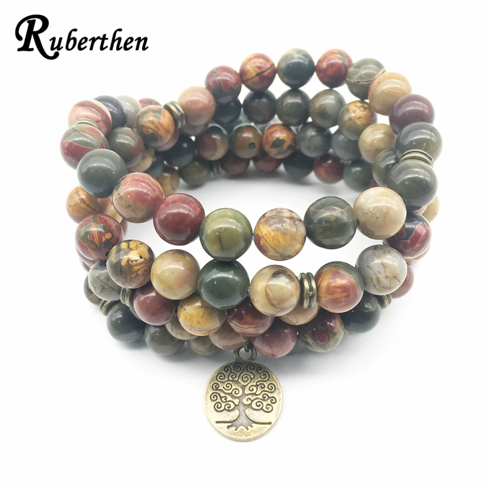 Baratos Ruberthen Árbol de la vida joyería diseño Vintage Picasso j asper 108 Mala pulsera de alta calidad Yoga pulsera espiritual