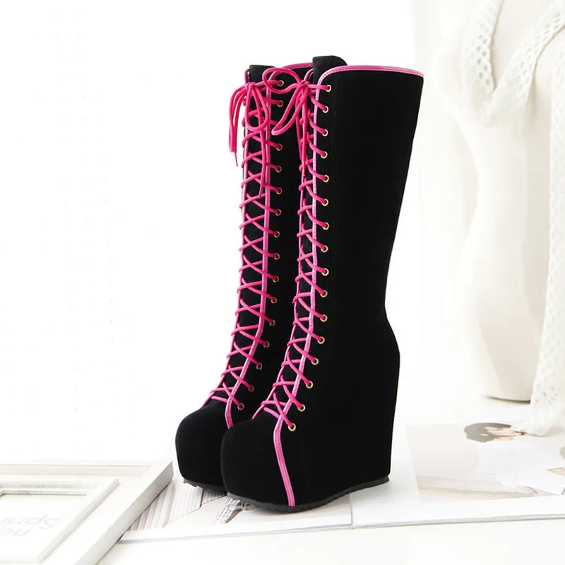 

Womens Gothic Lace Up Knee High Boots Punk Round Toe High Heels Wedge Shoes 13CM Height Riding Black A540