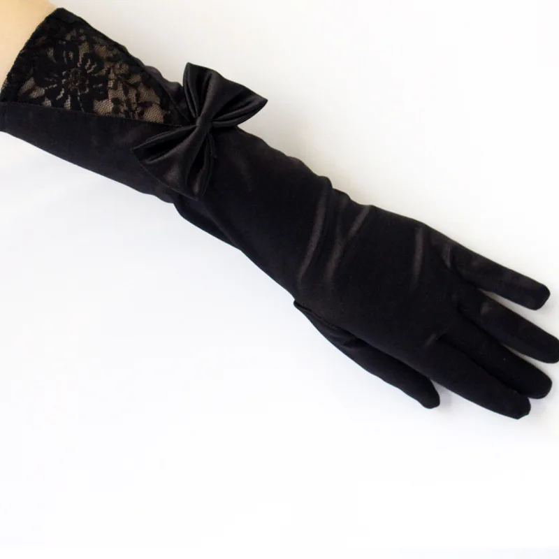 Новое поступление, женские черные кружевные лоскутные атласные перчатки с бантом, сексуальная клубная одежда, Вечерние перчатки для танцев и выступлений, аксессуары