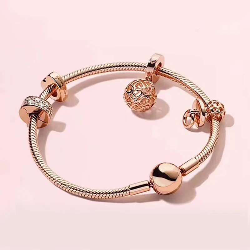 

Authentic 925 Sterling Silver Original Rose Harmonious Hearts Europe Bracelet Set Clear CZ Fit Women Bangle Charm DIY Jewelry