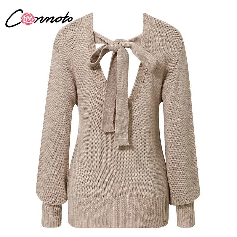 

Conmoto Bow Backless Long Lantern Sleeve Autumn Winter Knitted Sweater Pink Sexy Elegant Pink Sweater Jumper 2018 Women Pullover