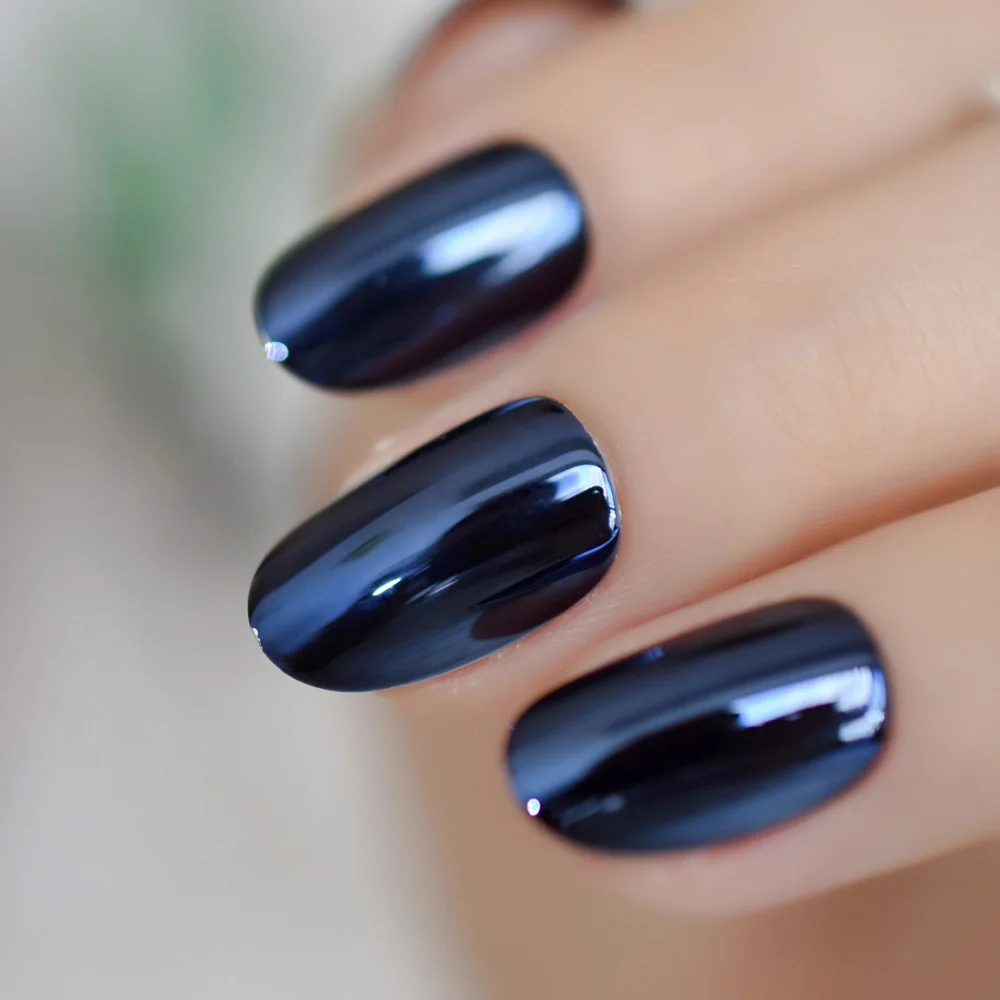 Металлические овальные темно-синие средние ногти зеркальный эффект, цвета хрома порошок для ногтей Нажмите на ногти полное покрытие ногтей типсы искусственные ногти