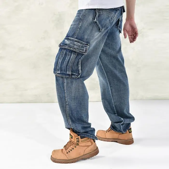 

Russian Style Mens Cargo Jeans Pants Multi Pocket Hip Hop Designer Baggy Jeans Mens Loose Fit Casual Trousers Cotton Pants