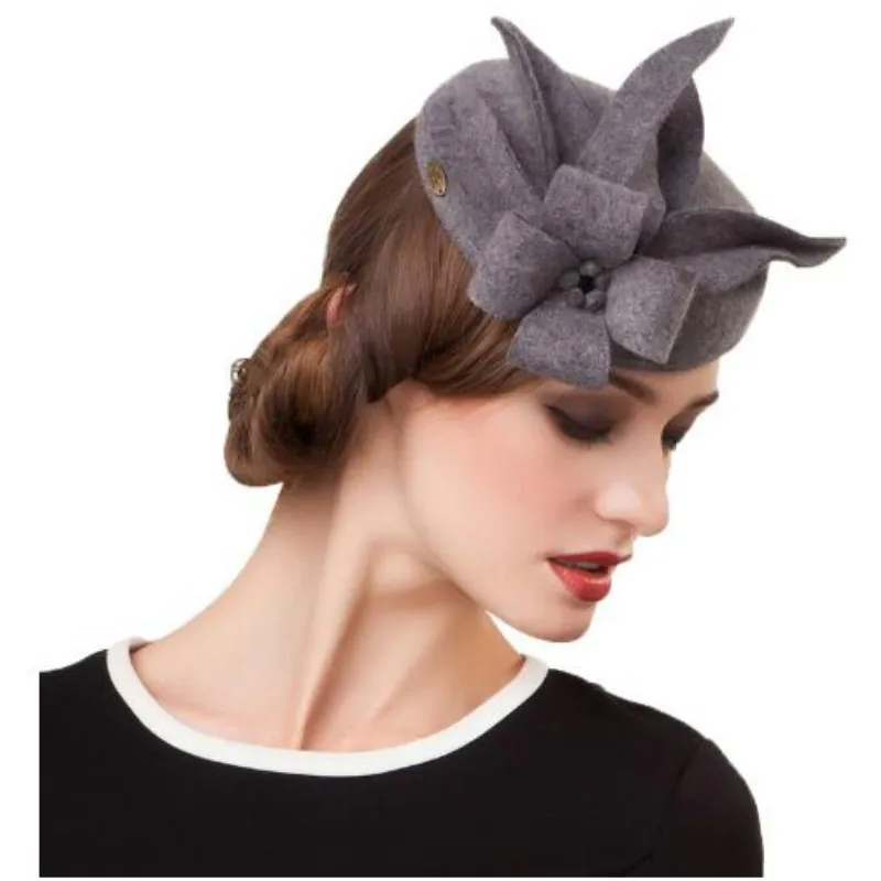 Новинка, зимние шерстяные шапки для женщин, для танцев, элегантность, маленький цветок, шерстяная шапка без полей, фирменный дизайн, черный, серый, B-1206