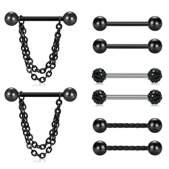 

JFORYOU 4 Pairs 14G Stainless Steel Paved Crystal Ball Nipple Ring Tongue Straight Barbell Rings Bars Retainer Body Piercing Jew