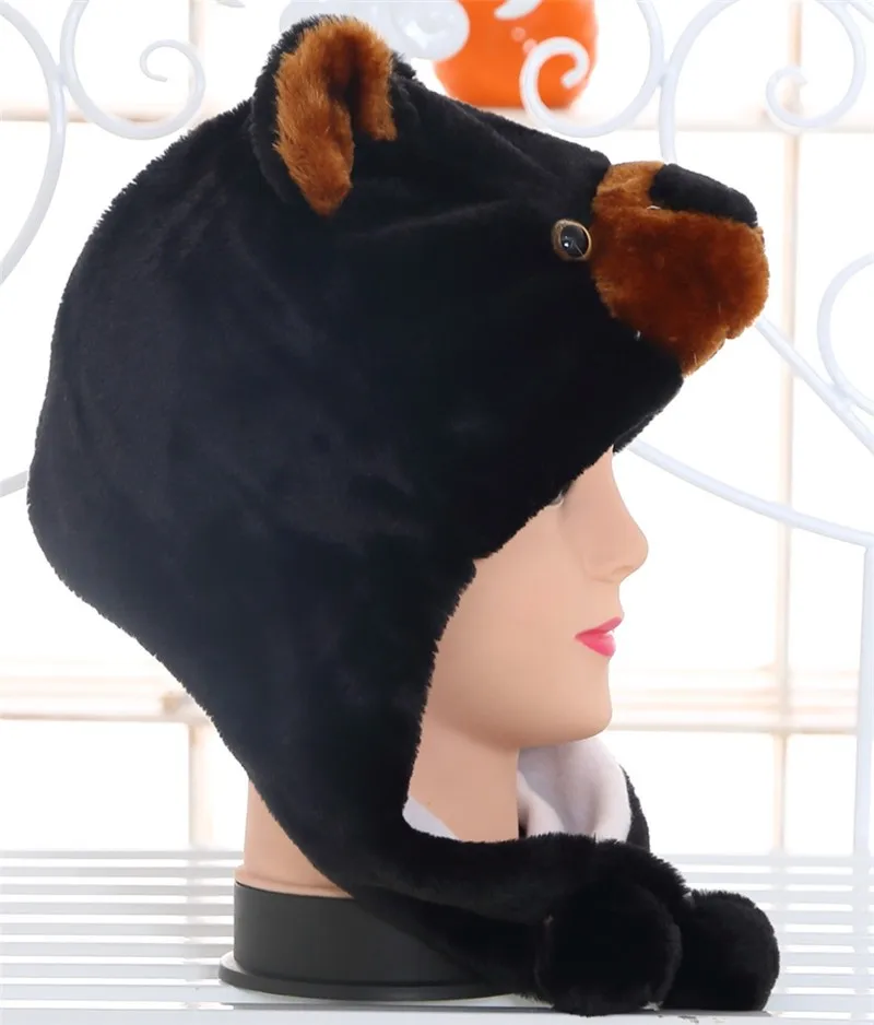 Douchow унисекс для взрослых подростков дети мультфильм животных шляпа милый черный медведь плюшевые зимние теплые кепки для мальчиков девочек женщин косплей шапочки