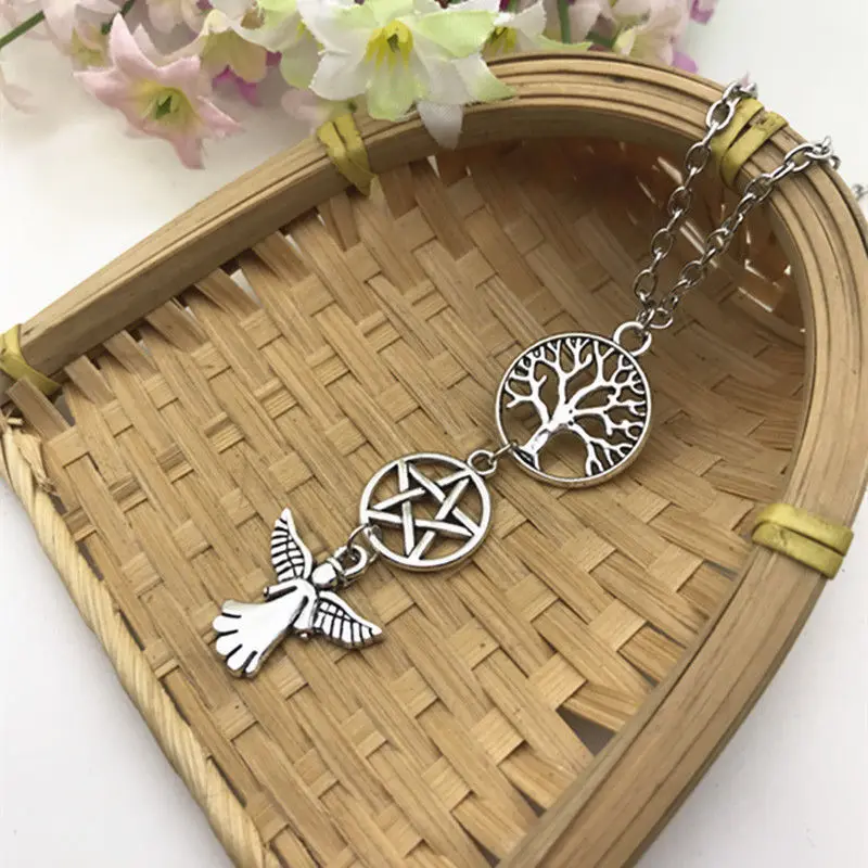 

Zinc Alloy Ancient Silver Tree of Life Pentagram Guardian Angel Charm Pendant Necklace Women&Men Jewelry Valentine's Day Present