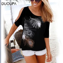 DUOUPA 2019 Summer Women Blouses Casual Short Sleeve Tops Tees Sexy Off Shoulder O-neck Feather Print Blouse Shirt Plus Size 5XL chic round neck raglan sleeve feather print blouse for women