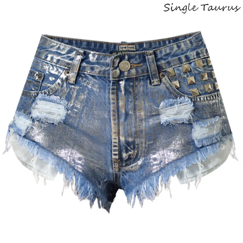 

High Waist Slim Punk Metal Color Jeans Shorts Women Streetwear Rivet Tassel Hole Ripped Shorts Metal Stamping Spodenki Damskie