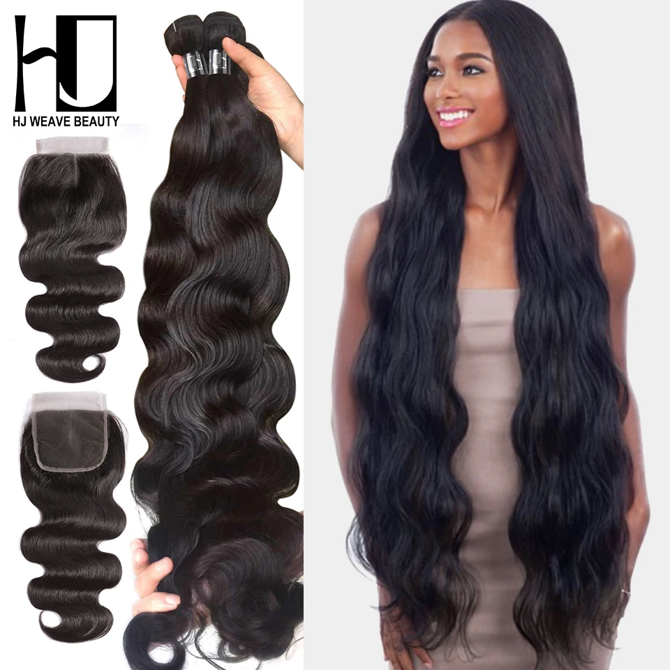 

HJ Weave Beauty Body Wave Human Hair Bundles With Closure 30 32 34 38inch 7A Virgin Hair Brazilian Hair Weave Bundles