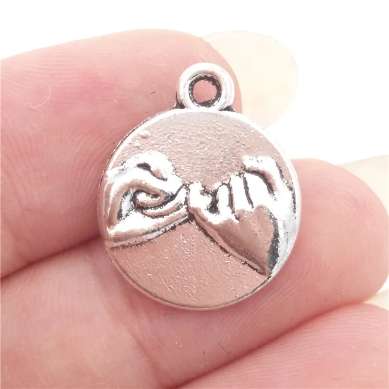 

BULK 30 Zinc Alloy Best Friends Couple Pinky Promise Charms Antique Silver Plated Round Pendant DIY Jewelry Making 16*16mm 1.5g