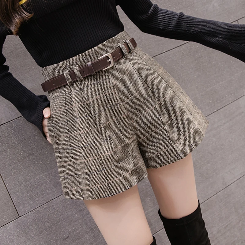 Women Plaid Shorts Autumn Winter Plus Size High Waist Wide Leg Shorts Korean Zipper Pockets Sashes Booty Short Mujer