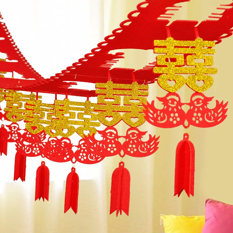 

3m Double Happiness Garland Non Woven Fabrics For Happy Wedding Decorations Classic Wedding Room Hanging Pendants