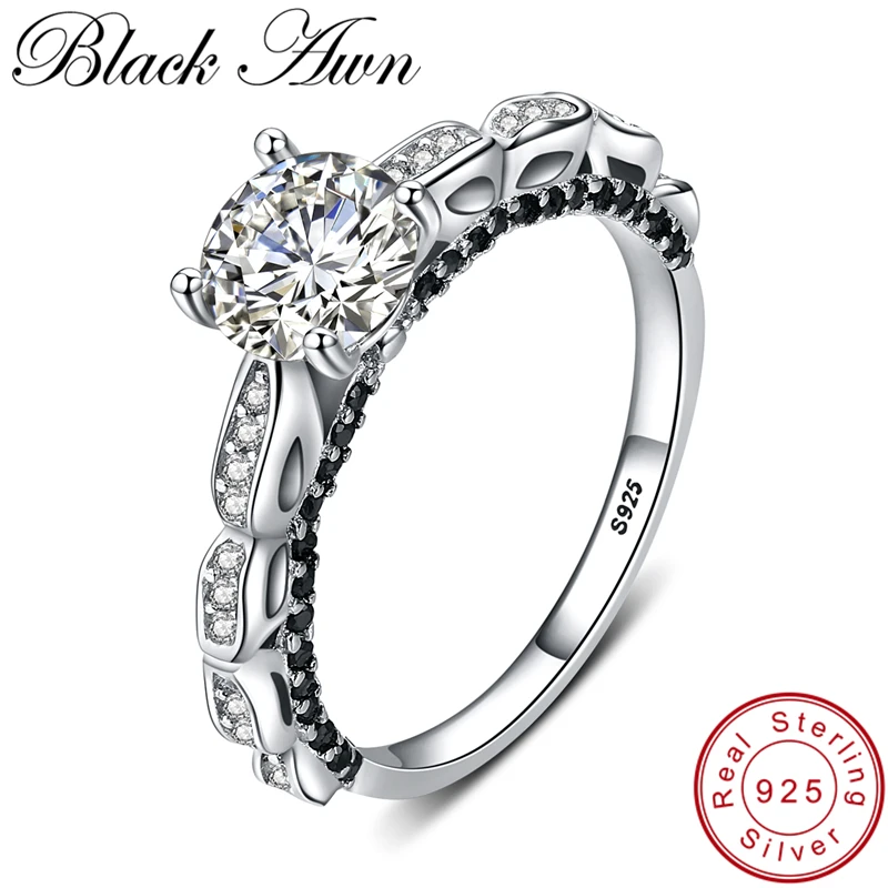 

[BLACK AWN] 925 Sterling Silver Jewelry Finger Ring Trendy Black Spinel Wedding Rings for Women Female Bague G096