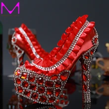 Luxury Rhinestone Crystal Laies shoes High heells Bridal Wedding Dress Shoes Red Flower Round Toe Lady Party Dancing Dress Shoes