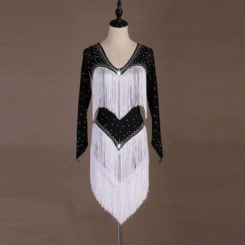 New Adult Latin Dance Dress Black And White Sparkly Crystals Tassel Rumba Female Dancer Stage Costumes DQL228 | Тематическая одежда