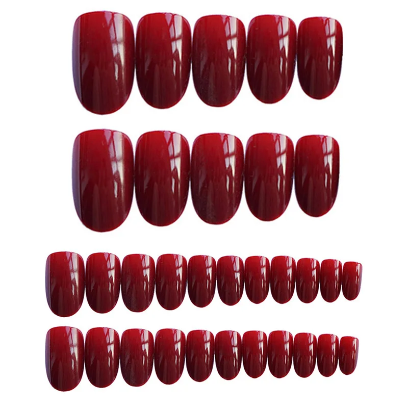 24pcs/Set Gorgeous Wine Red False Nails With Glue Middle Long Round Head Full Nail Tips Finished Fake Nail artificial nails