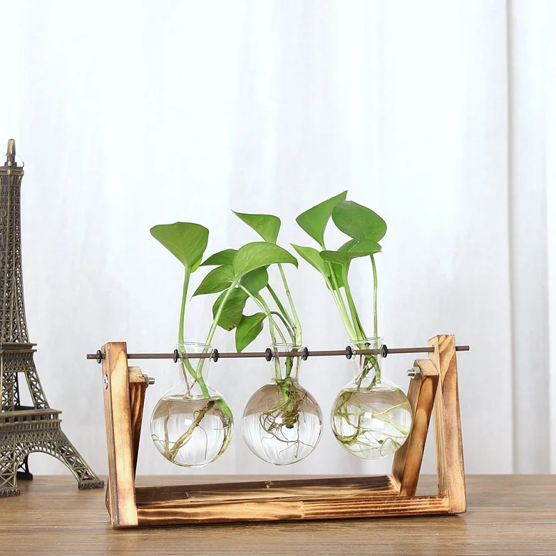 Настольная декоративная стеклянная лампа-ваза для растений Ретро твердая деревянная подставка металлический поворотный держатель для гидропоники растения для дома и сада декор