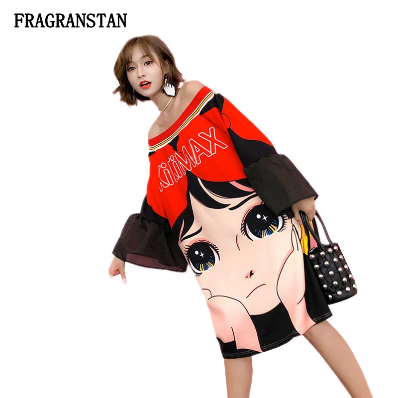 

Female New Spring Summer Fashion Slash Neck Dress Cute Cartoon Girl Print Loose Plus Size Vestido Black Casual Ladies Dress Q704