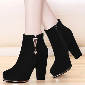 

Genuine Leather Cow Suede Chelsea Boots For Women Casual Round Toe High Heel Winter Platform Mid Calf Boot Woman Shoes YG-A0045