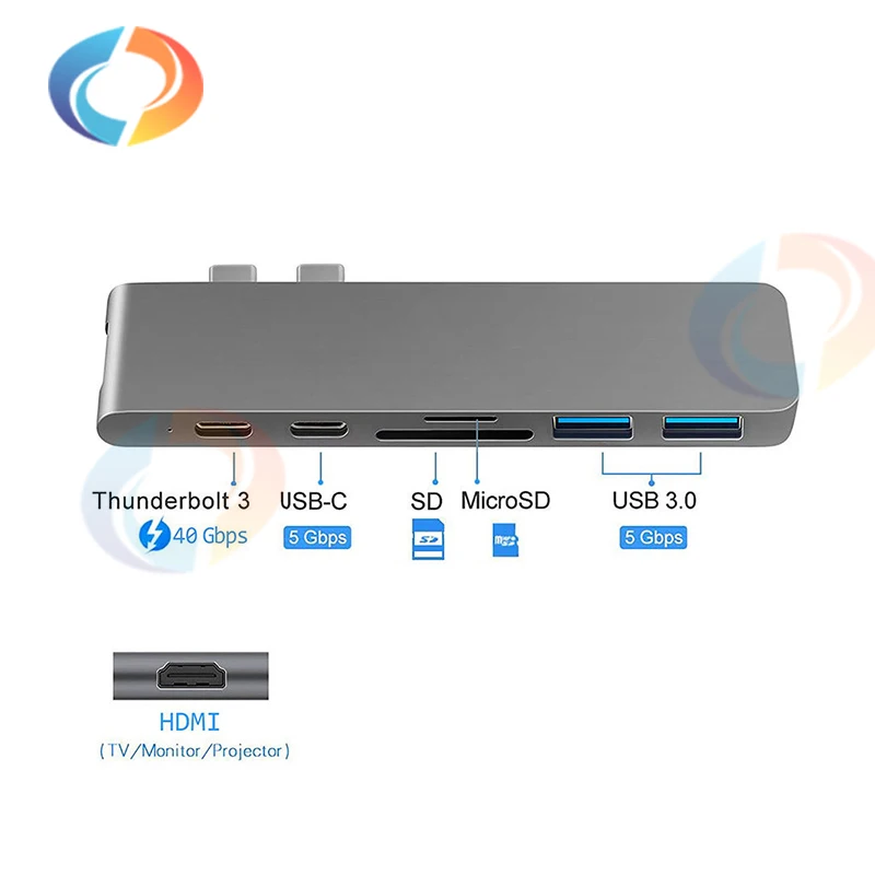 

7 in1 USB-C Hub Dual Type-C Multi-port USB 3 and Card Reader Adapter with 4K HDMI For MacBook Pro divider for MacBook Pro