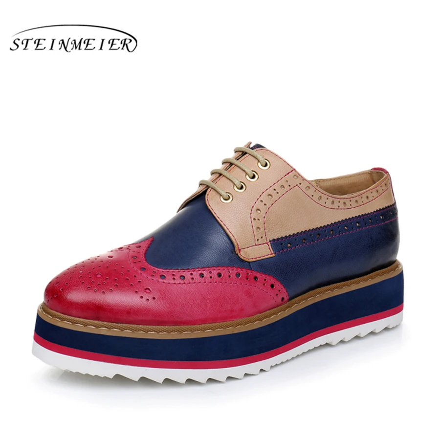 Genuine leather woman size 8 designer vintage flat shoes round toe handmade flat platform pink blue