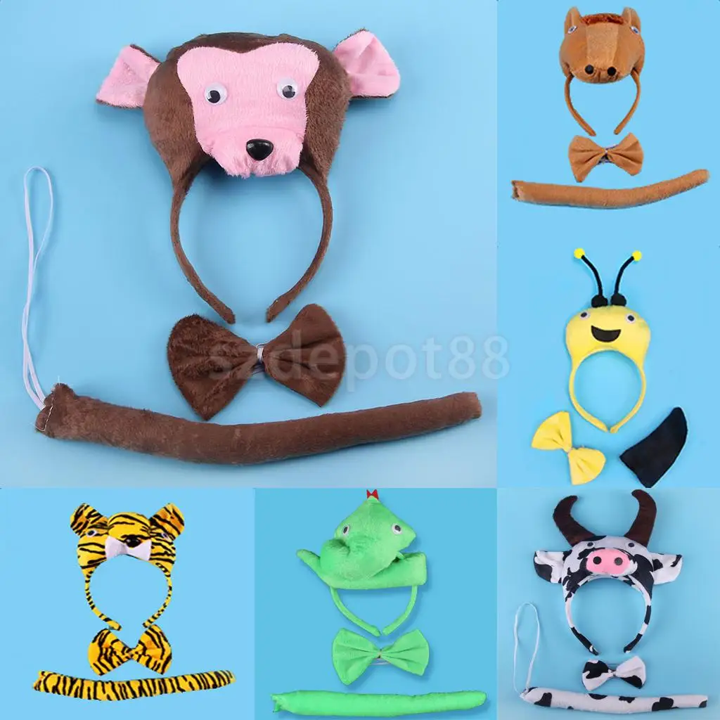 Set of 3pcs Birthday Girls Boys Kids Cartoon Bear Bee Monkey Costume Set Headband Bowtie Tail Fancy Dress Party Accessories