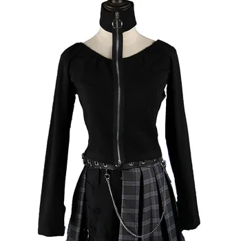 

Dark Punk Street Hip Hop Word Collar Strapless High Collar Zipper Long Sleeve T-shirt Female Slim Black Short Party Shirt