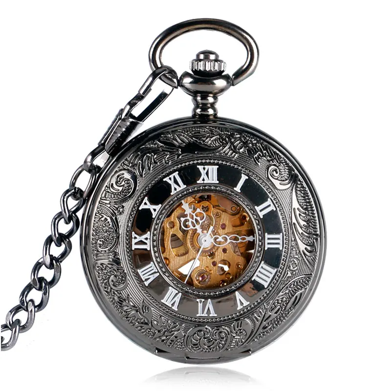 Механические карманные часы ретро римские цифры резьба автоматические черные полые роскошные женские цепи стимпанк изысканный подарок на день рождения