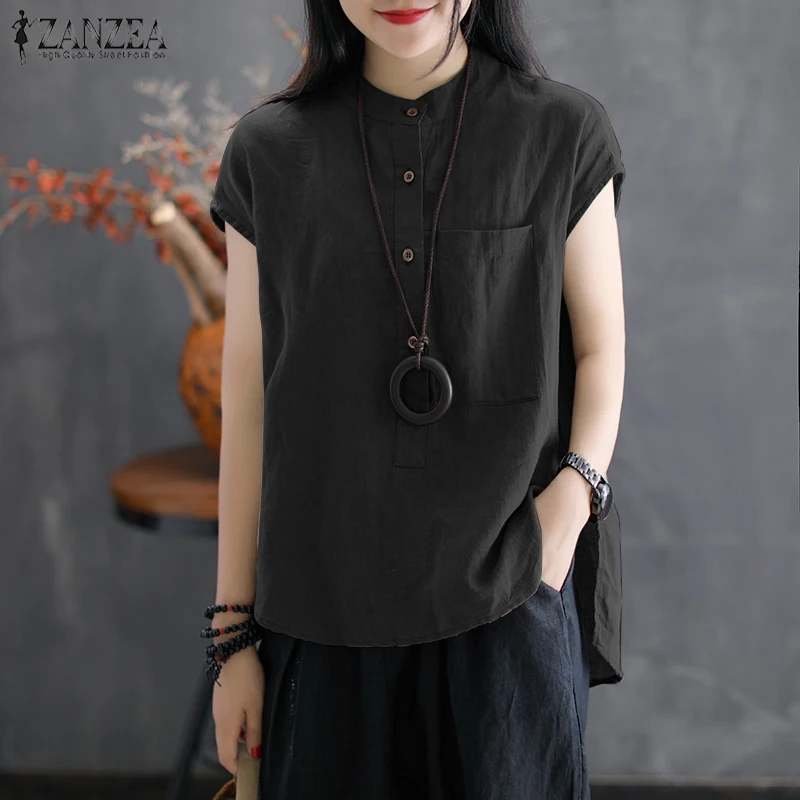2019 ZANZEA Women Summer Blouse Work OL Blusas Solid Cotton Linen Shirt Casual Short Sleeve Tops Ca